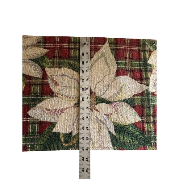 Holiday Poinsettia Tapestry Table Runner With Red & Green Plaid Design 67” Long - Picture 3 of 5